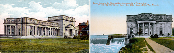 Left: A long stone building lines a street in front of a field. The building has two low masses lined with iconic colonnades on either side of a taller square mass and attached portico. Right: A postcard shows a black and white image of a narrow façade with a round portico against the painted surroundings of rushing water on the left and green grass in front of the building.
