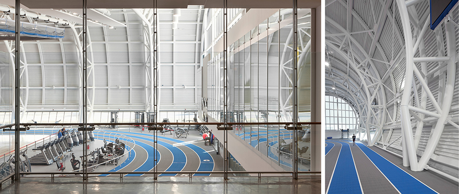 eft: looking through full height windows into a large, open, running track area. Right: Indoor running track with large, curved metal structure.