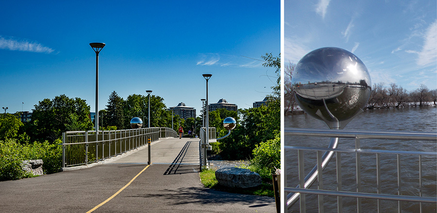 Alt Text: Left: people walking over bridge, with polished ball artwork in foreground. Right: close up of polished metal ball over river reflecting the surrounding landscape.