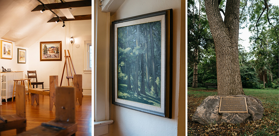 Donkey easels arranged in a room. Centre: framed painting of trees hung on a wall. Right: commemorative plaque fixed to rock at the base of a tree.