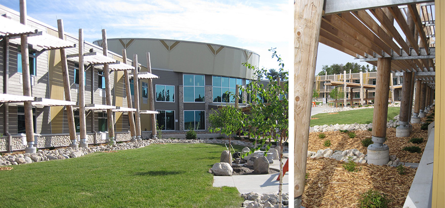 Left: side perspective of building showing drum shape of atrium and facade. Right: leaning logs support shading fins attached to the facade.