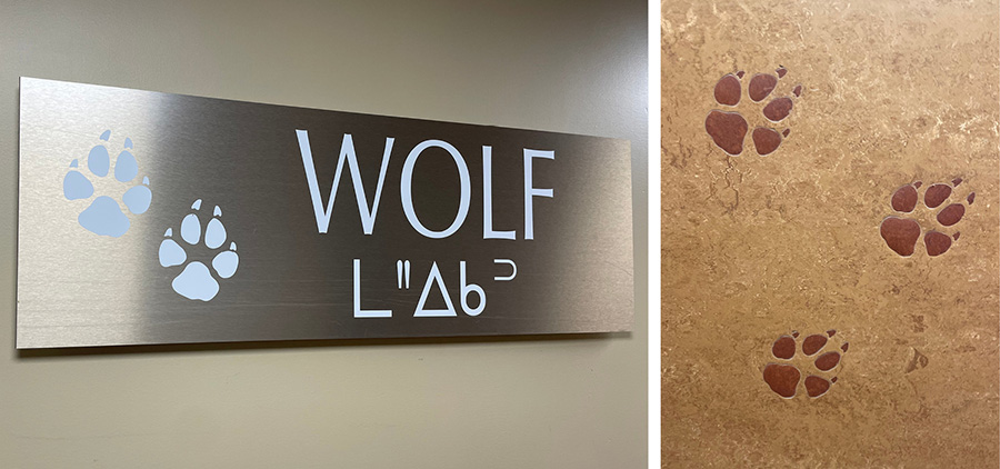 Left: metal sign with text and paw prints. Right: paw print pattern on a wall.