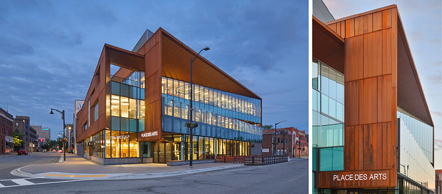 Left: a perspective of a building showing angular steel facade projection and large curtain wall windows. Right: closer perspective of angular steel facade with variations in texture.