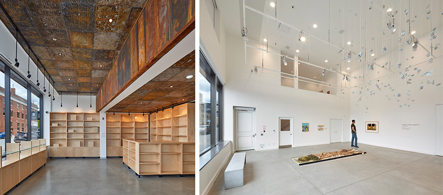 Left: book shop with historic, oxidized ceiling panels. Right: white gallery space with art installation in the middle of the floor space and hanging from the ceiling.