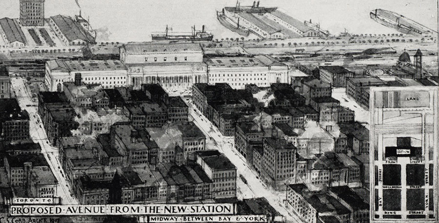 Black and white aerial perspective drawing of train station amongst closely packed buildings and a harbour in the background.
