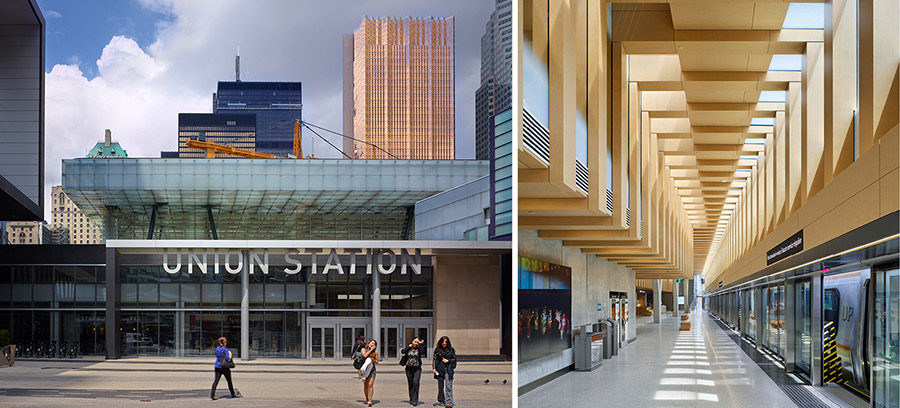Left: large, modern glass box supported over a new train station entrance. Right: Long perspective of light-filled train platform with simple wooden structure above.
