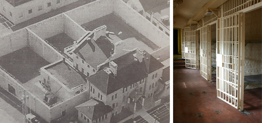 Left: aerial perspective of a large jail building with three courtyards enclosed by walls and barbed wire. Right: interior photograph of inmate cells with gates open.