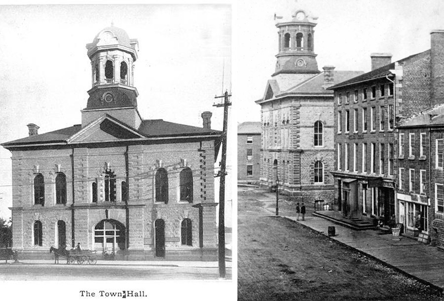 Left: historic black and white photograph of a symmetrical building with large arched windows and a central clock tower. Right: historic black and white perspective photo of Victoria Hall on city street with surrounding brick buildings, sidewalk, and road.