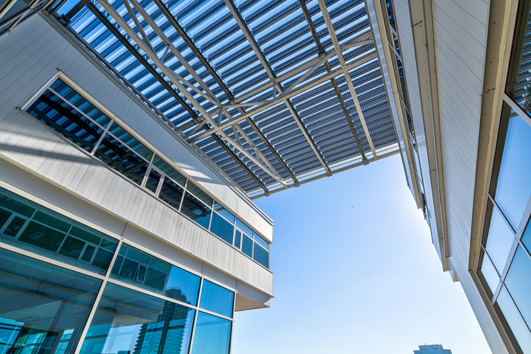  close up aerial shot of the solar panels on the OAA Headquarters buidlings