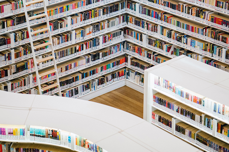 multilevel white shelf filled with books