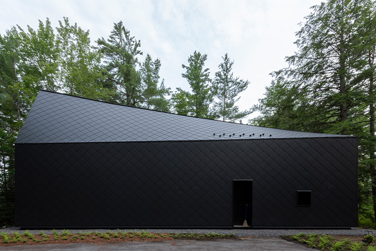 A black building with diamond cladding and a sloped roof, surrounded by forest