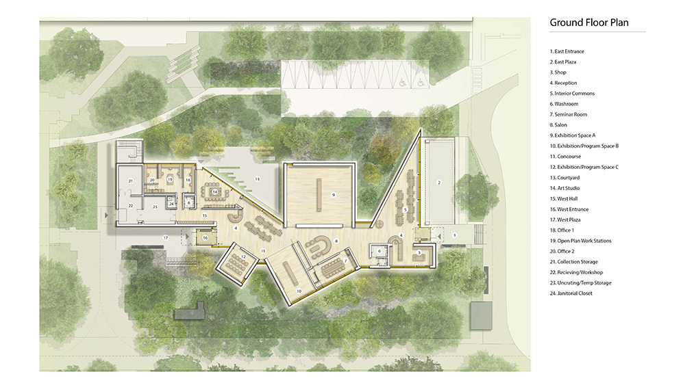A ground‑floor architectural plan shows sharply angled rooms arranged around courtyards and landscaped areas