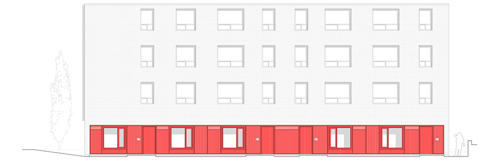 An elevation showing the existing building above and red inserted housing units below