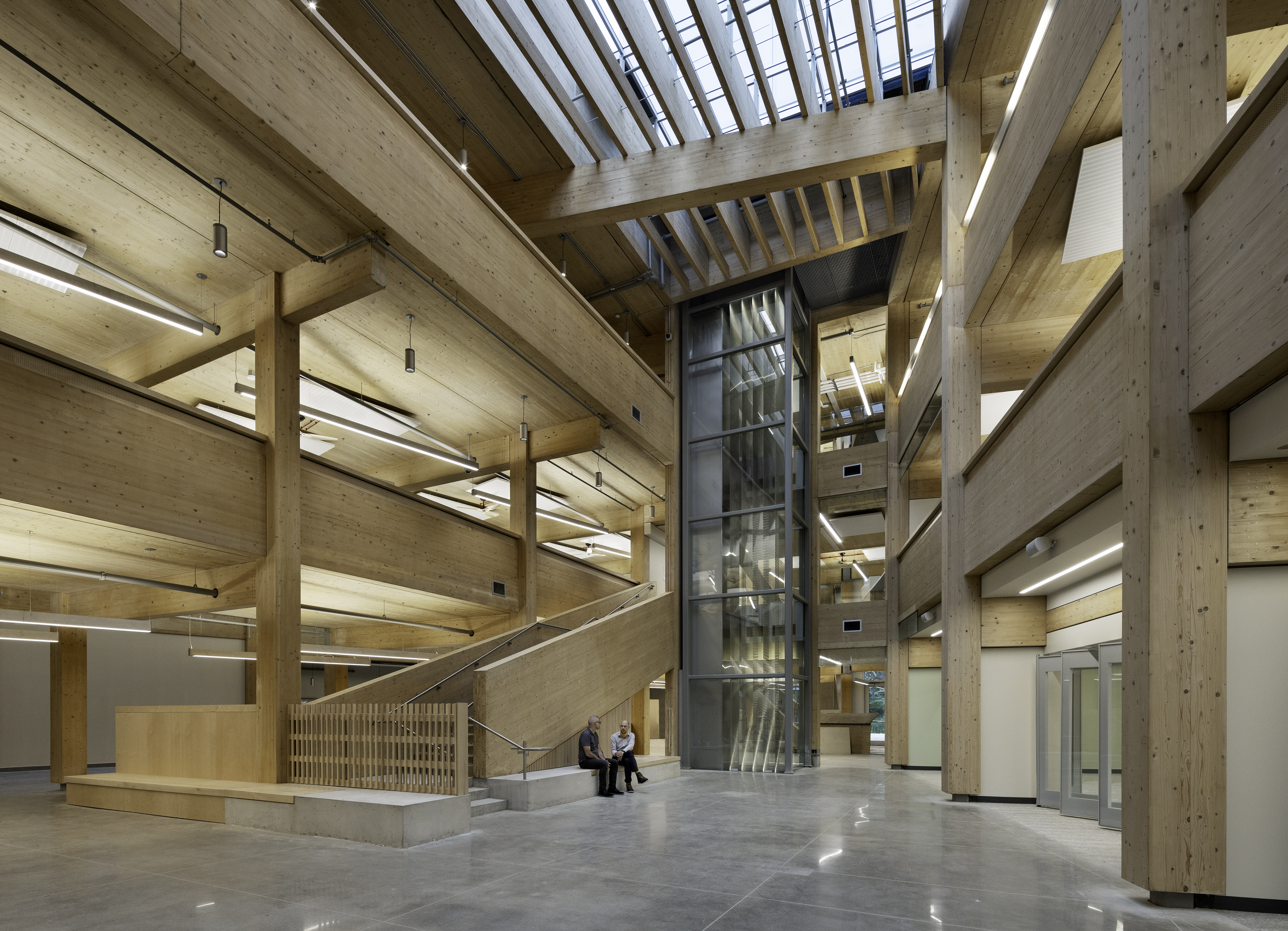 A bright, modern interior with tall glass windows, polished concrete floors, and wooden slatted walls and ceilings