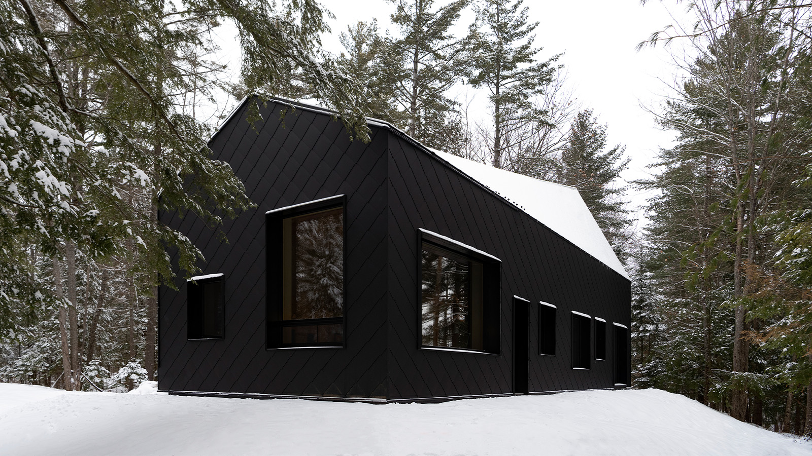 A black sleek building in a snow-covered forest