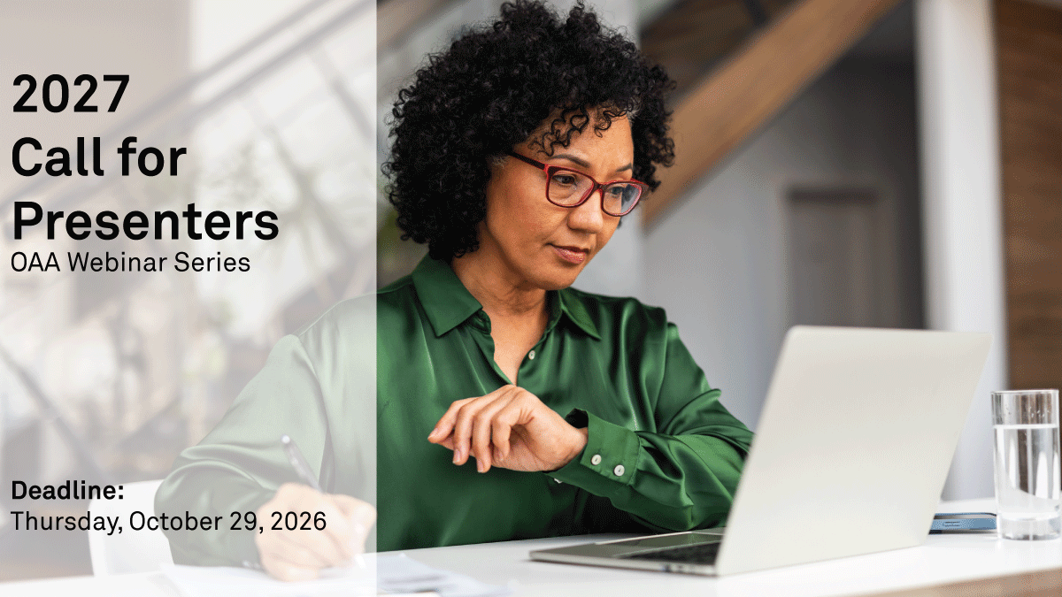 2027 Call for Presenters banner featuring a woman looking at a laptop and writing on a desk.