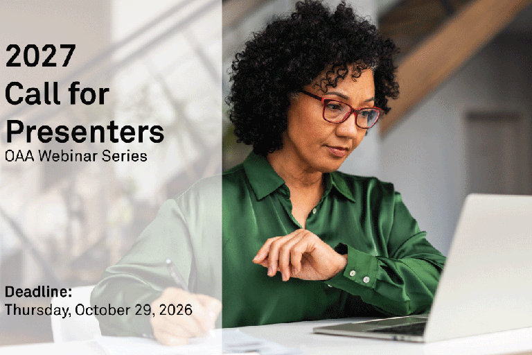 2027 Call for Presenters banner featuring a woman on a laptop writing on a desk