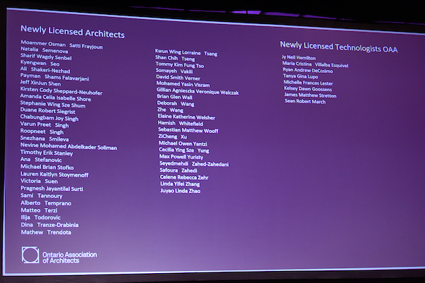 Slide listing newly licensed architects and Licensed Technologists OAA.