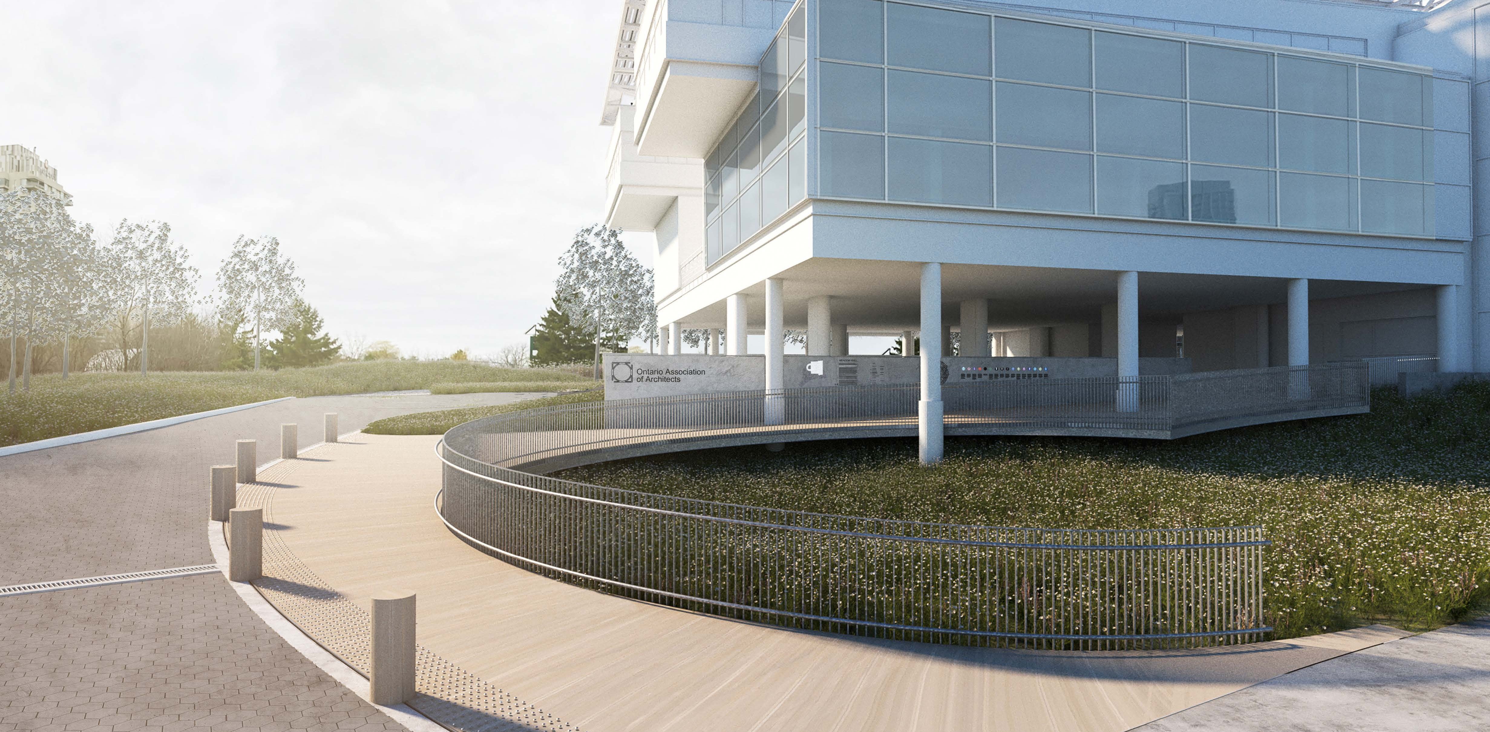 Modern building entrance with an accessible curved ramp and boardwalk, elevated on columns above a naturalized landscape.