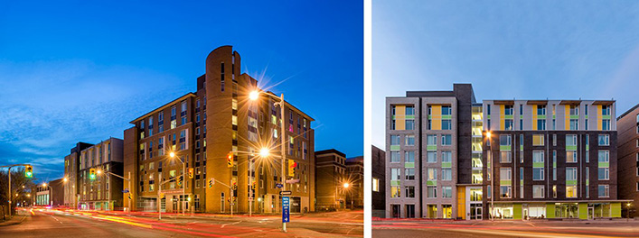 Left: Nighttime shot of street corner with imposing brick-clad building. Right: Front elevation of apartment building clad with brightly coloured materials. 
