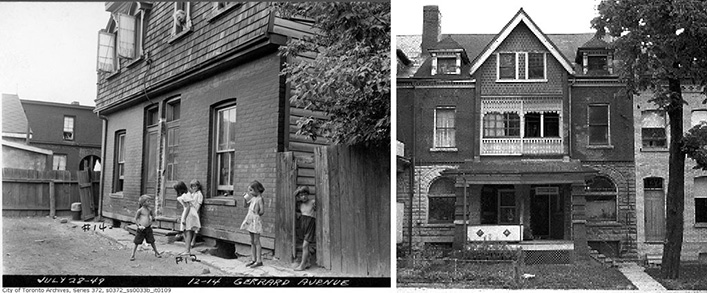 Left: Children playing in rear yard of house, with child peering out of a second-story window. Right: set of semi-detached homes with large front porches. A sign underneath the right porch overhang reads “Glad Day