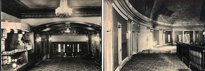 Left: Interior view of theatre lobby with decorative cornices and arched doorway. A concession stand is located at the left of the room. Right: Interior view showing the theatre concourse, with a domed, tiled ceiling and curved walkway. 