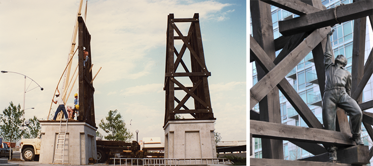 On the right, one wood-framed column is complete on its concrete base as construction workers erect the one on the left side. Right: Between crisscrossing wooden beams, a copper figure stretches up to brace the column above him.