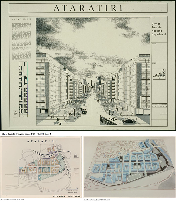 Top: A one-point perspective sketch of the proposed development with mid-rise buildings, a lively streetscape, and downtown high-rises visible from a distance. The drawing is on a title block with 