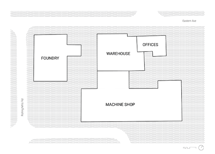 A black and white site plan shows the site between Eastern Avenue and Rolling Mills Road with the Foundry building on the west toward Rolling Mills Road and the three attached buildings of the Machine Shop (largest), Warehouse, and Offices (smallest) towards the east.