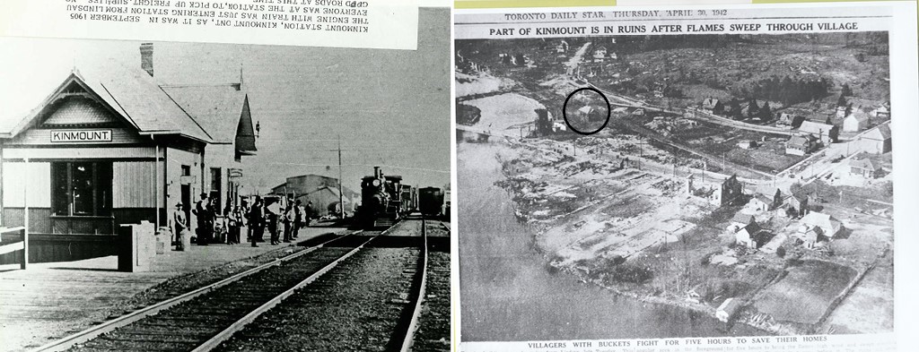  Left: A train arrives at a station with passengers waiting on the side of the tracks. Right: Aerial view of a riverside town with multiple burnt down buildings.