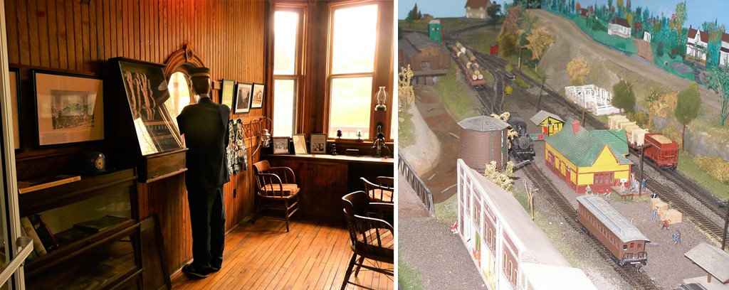 Left: View of wood-paneled waiting room with projecting bay window. Right: model railway showing railway station surrounded by tracks and locomotives. 