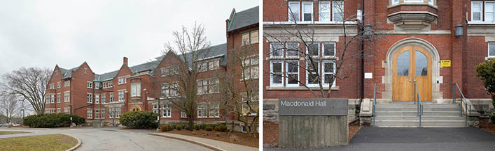 Left: Entrance of red-brick three storey building at the end of a looped roadway. Right: Main entrance of building with steps leading to a large round-headed door. A sign on the left of the entrance reads MacDonald Hall. 