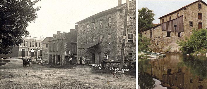 Left: In black and white, the mill is on the right of the main street, a dirt road. Right: Reflected against the water, the mill's wooden slats and window frames are broken and decayed while the stone is weathered. An abandoned rowboat floats in the water. 