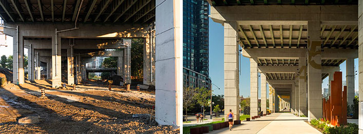 Left: Unused underside of elevated highway with soil on the ground. Right: Person running along path underneath elevated highway. 