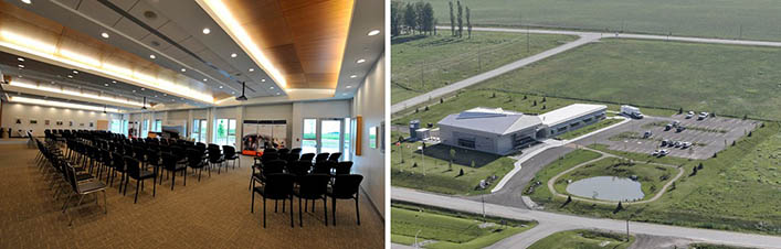 Left: View of a contemporary classroom with neatly placed rows of chairs. Right” Bird’s-eye view of low contemporary building surrounded by green fields. 