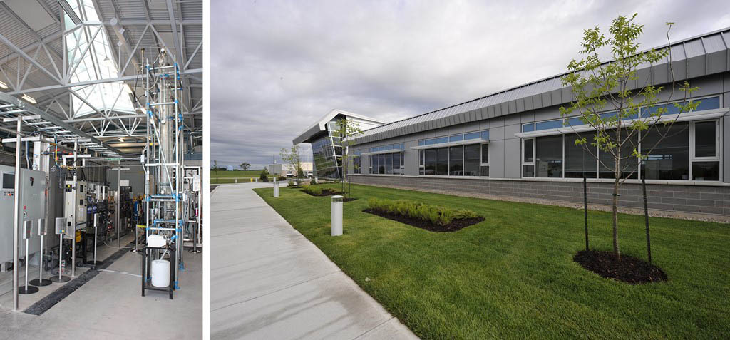 Left: Interior view of a water management demonstration facility with a large skylight in the ceiling. Right: Exterior view of a low contemporary building with landscaping and pedestrian walkway in the foreground. 