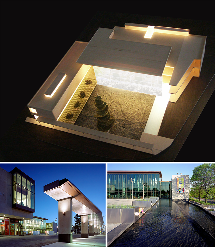 Top: Against a dark backdrop, a wooden model of the building on the site shows a green civic square framed by the building on three sides. The glazing on the southern edge of the plaza and the rest of the windows glow brightly. Bottom Left: In front of the building's eastern bar, a large concrete canopy on wide rectangular columns extends over the length of the site. Bottom Right: Looking down the length of the long and dark reflecting pool during the daytime, two children sit on the edge and cause ripples. The glazing on the building is a green/blue colour and there are trees lining the road on the right and planters to the left of the pool.