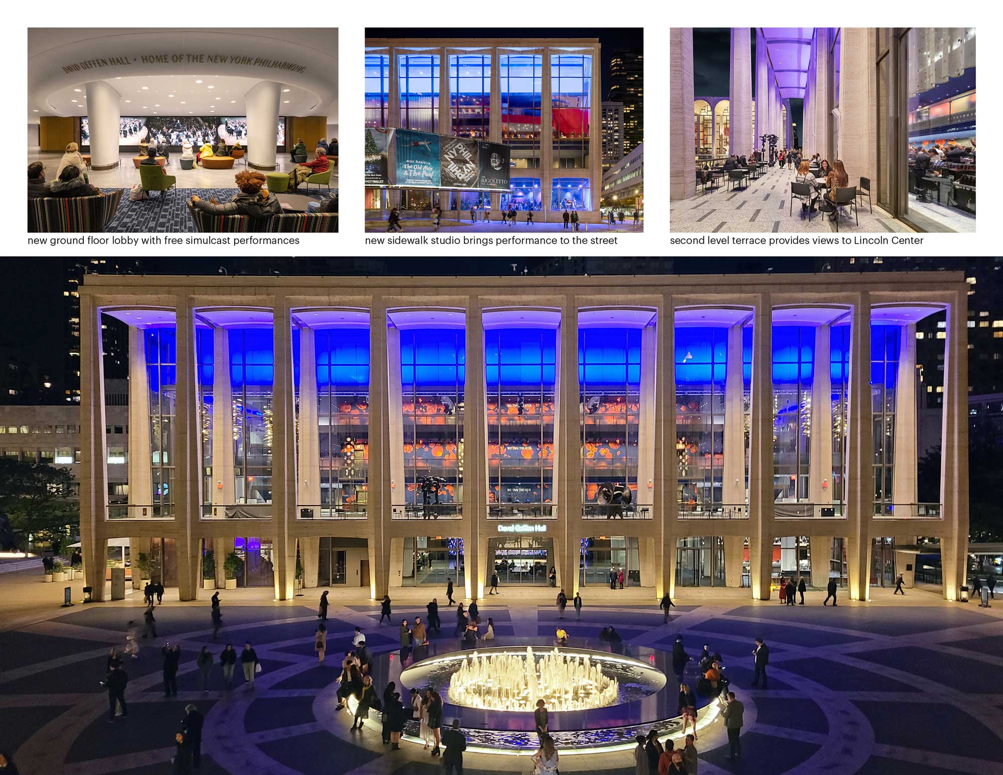 Collage of David Geffen Hall featuring interior and exterior images