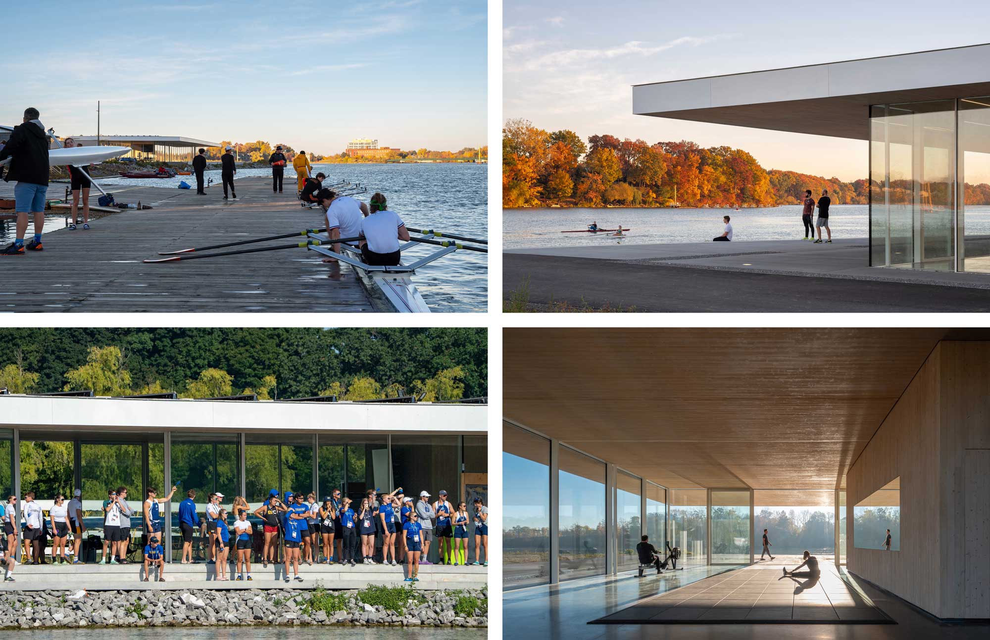 A collage of four images showing the NCRC in different contexts: rowers preparing for a regatta, visitors viewing the water under the building's canopy, a crowd gathered under the canopy during a regatta, and a yoga session in the building