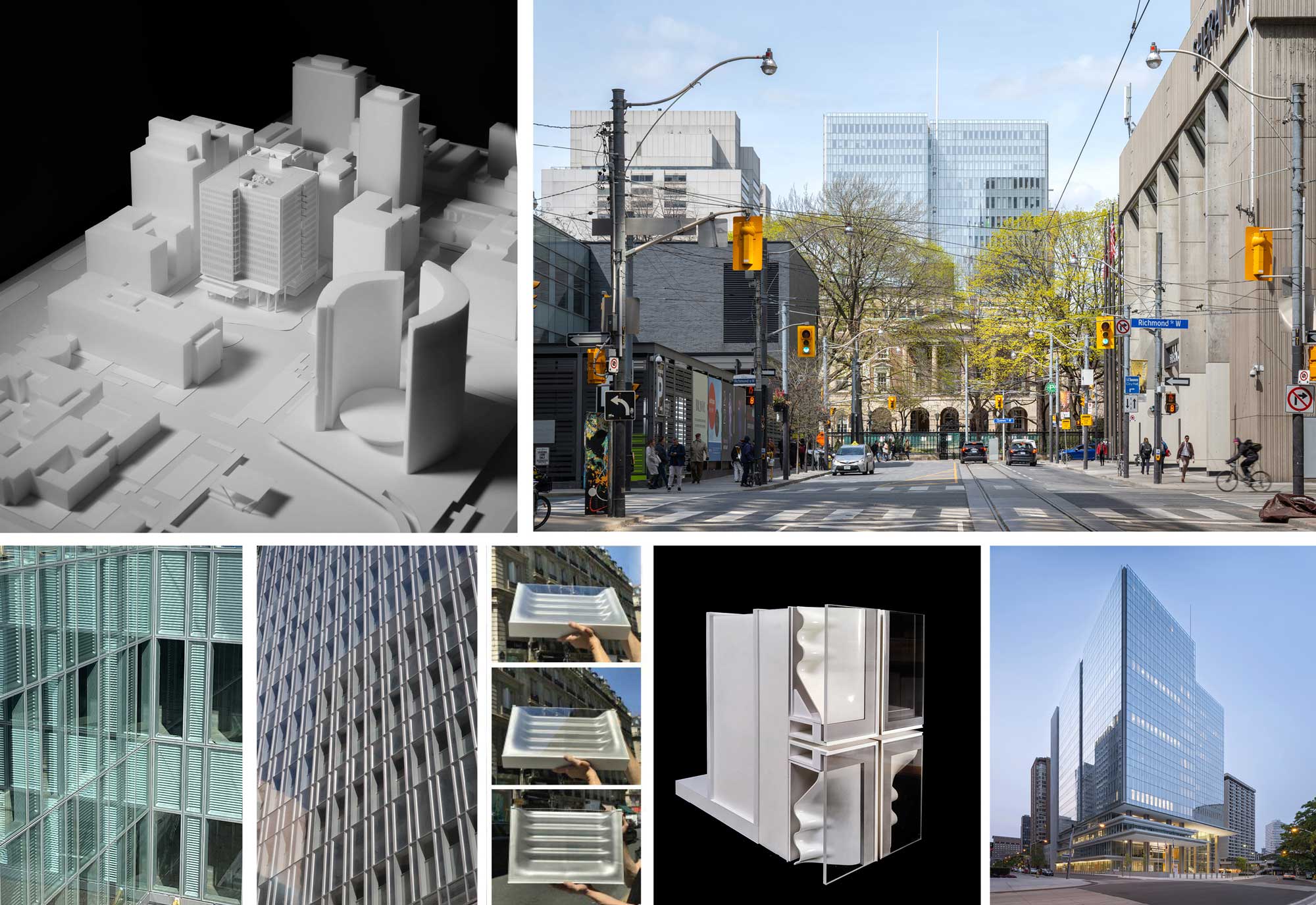Collage of project, featuring images of building model, details, and exterior viewed from street