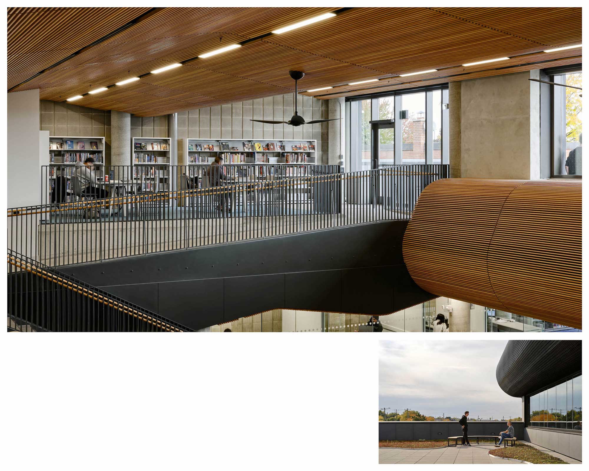 Interiour view of library space and image of outdoor terrace bellow