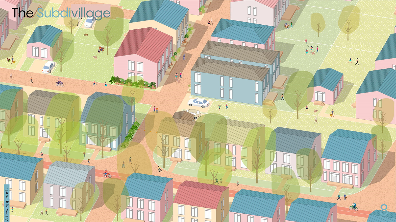 An aerial axonometric drawing of colourful buildings