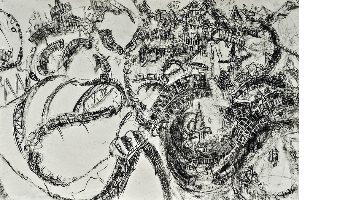 A semi-abstract charcoal map drawing