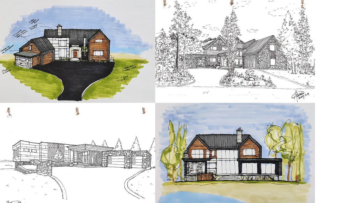 Four marker and ink drawings of houses