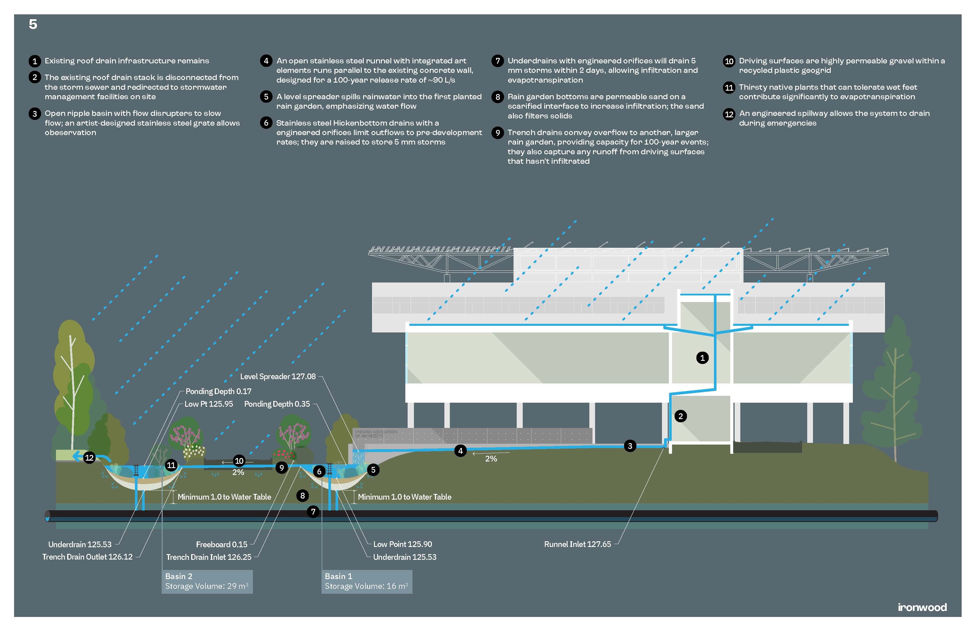 Sectional drawing of OAA HQ showcasing the water managing system