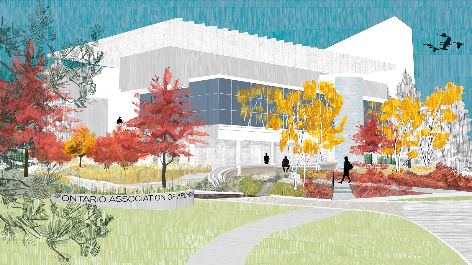 Vignette of OAA HQ highlighting the landscape design of the entrance by Team Basswood