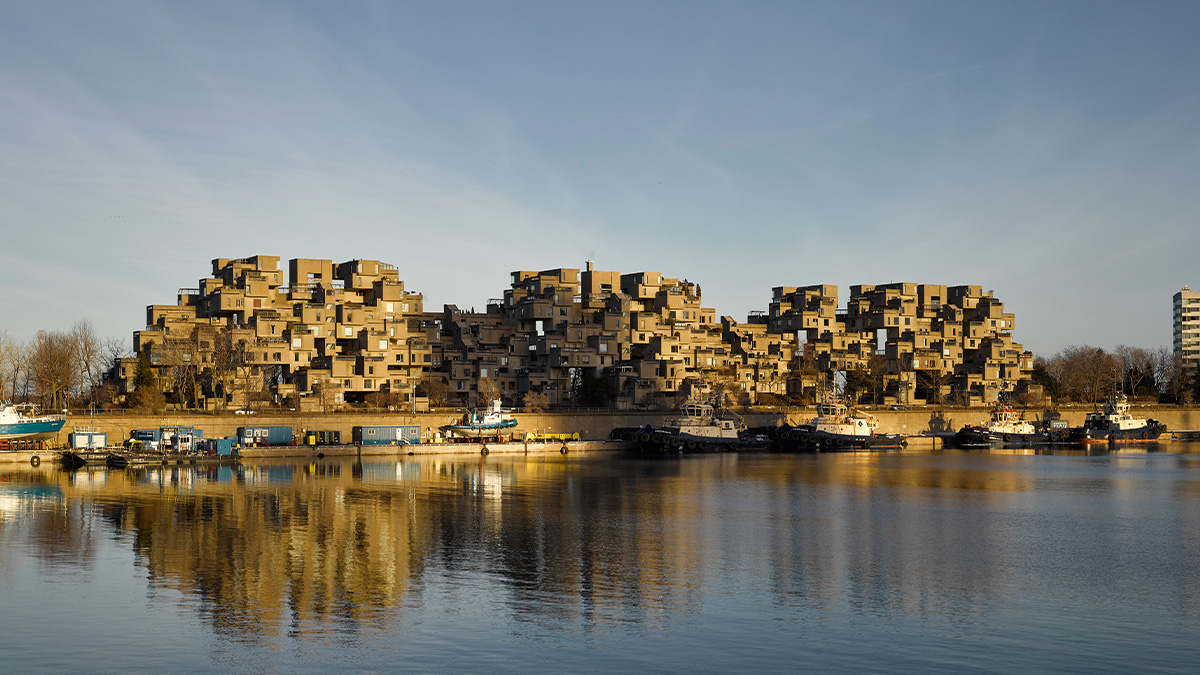 An image of Habitat 67 across the water