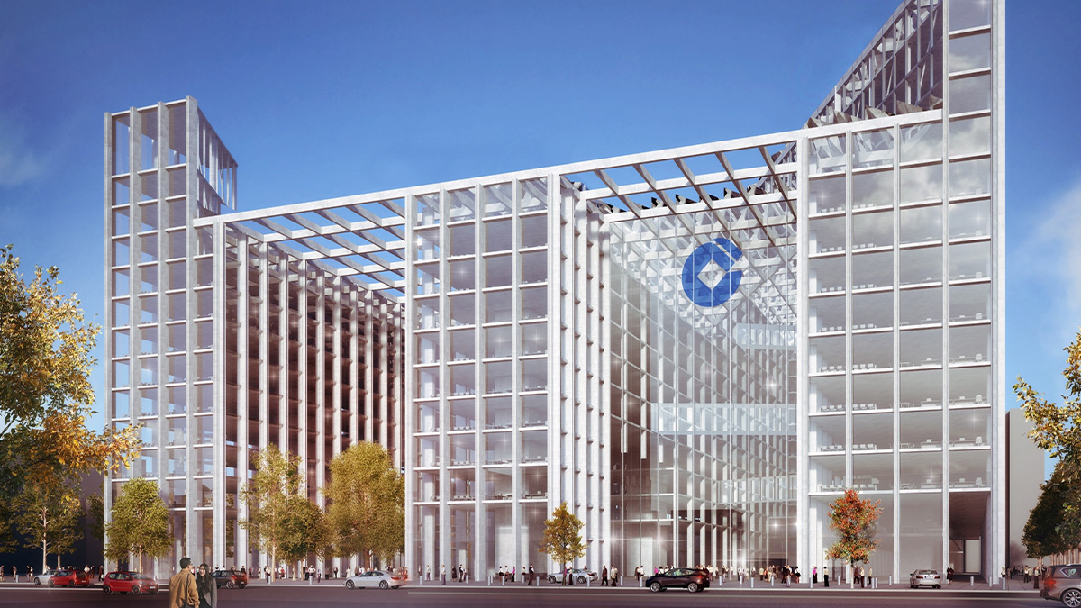A gridded glass building