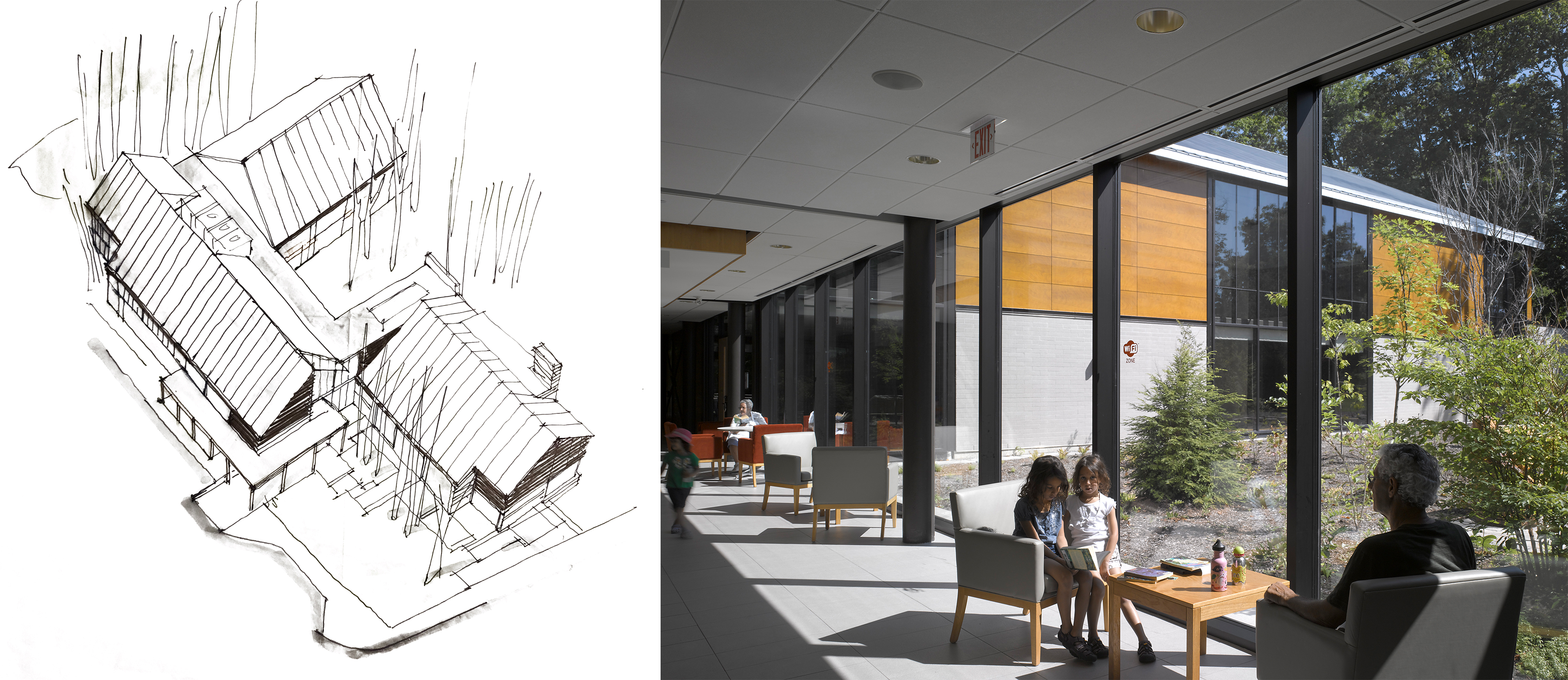 Left: Architect’s sketch of configuration of buildings on the site. Right: Views between different wings of the complex. Images courtesy of Perkins+Will Canada Inc.