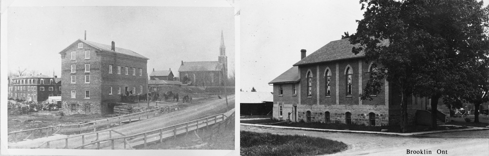 Left: Black and white historic image of the Brooklin Flour Mill, a 3 storey tall brick building with single gable roof. Right: Black and white historic image of the Brooklin Township Hall, a 2 storey brick building with a gable roof.